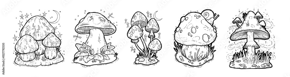 Magic mushrooms. Celestial witchy lines, mystical star and moon silhouettes. Bohemian witchcraft bundle. Sketch style drawing. Fairytale toxic botanical decor. Unusual flora. Vector outline set