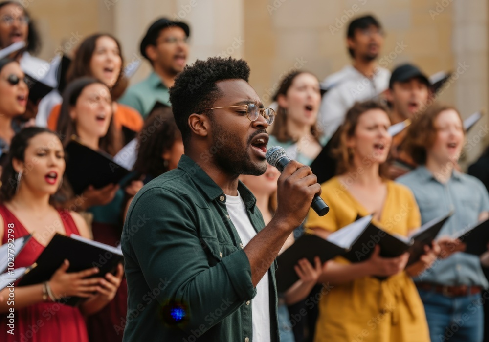 Group of singers performing during an open air concert, a male singer is holding a microphone Group of singers performing during an open air concert, a male singer is holding a microphone