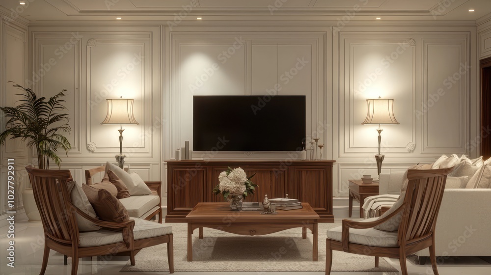 An elegant living room with white walls, wooden furniture, and soft lighting from lamps above, including a large TV An elegant living room with white walls, wooden furniture, and soft lighting from lamps above, including a large TV