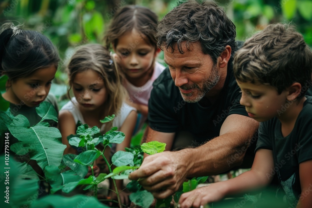 Group of elementary school students learning about plants from their teacher during an outdoor class in the forest Group of elementary school students learning about plants from their teacher during an outdoor class in the forest