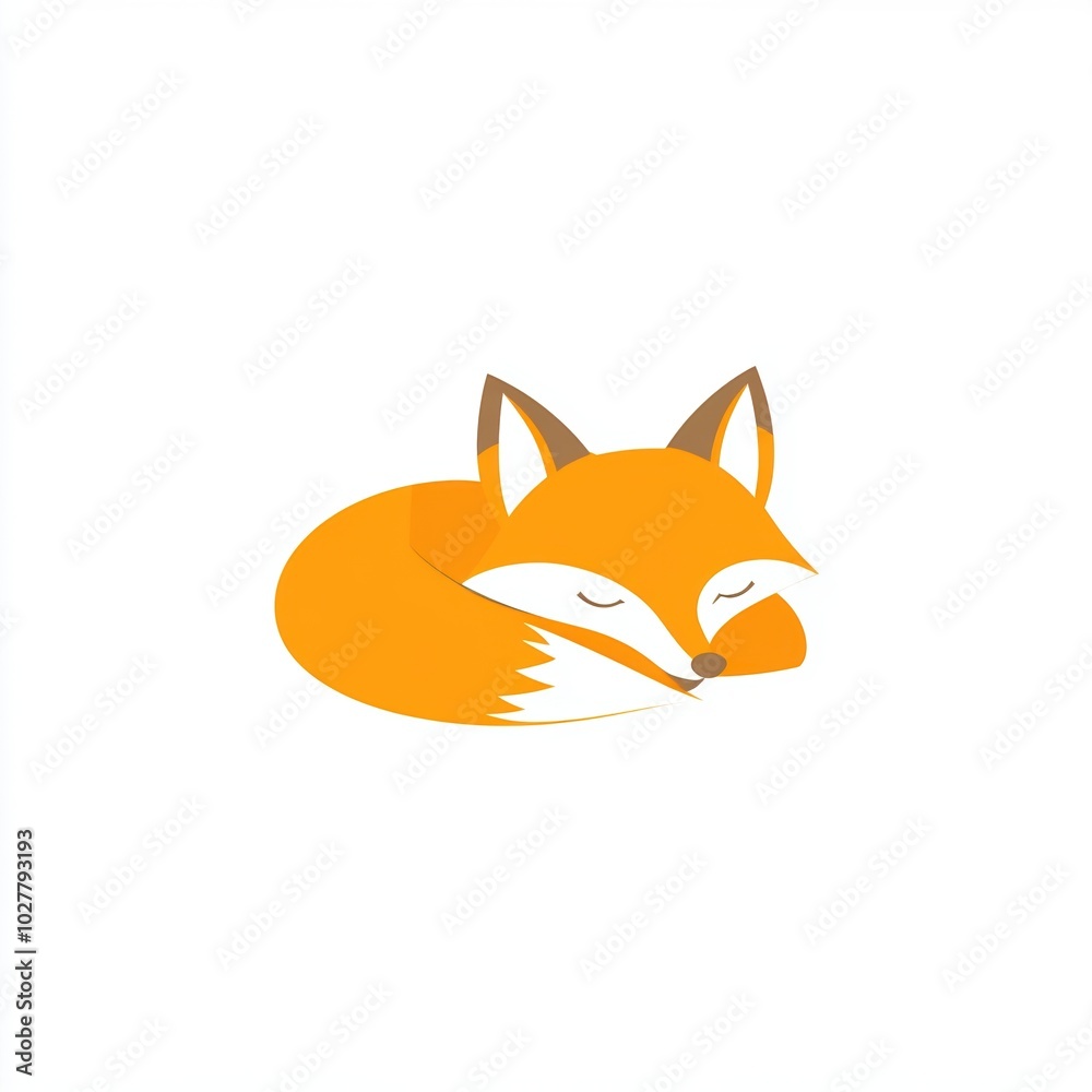Obraz premium A modern flat design illustration of a cute fox curled up and sleeping, featuring simple shapes and soft orange and white tones, conveying a sense of warmth and tranquility