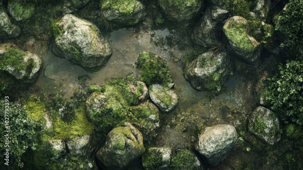 Moss-Covered Rocks Surrounding a Small Pool of Water Moss-Covered Rocks Surrounding a Small Pool of Water