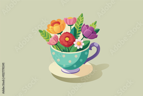 A miniature bouquet in a tiny teacup, suitable for a dollhouse setting