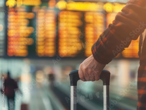 travel anticipation close-up of a traveler's hand gripping a sleek suitcase handle, blurred airport departure board in background, capturing the excitement and bustle of pre-flight moments photo