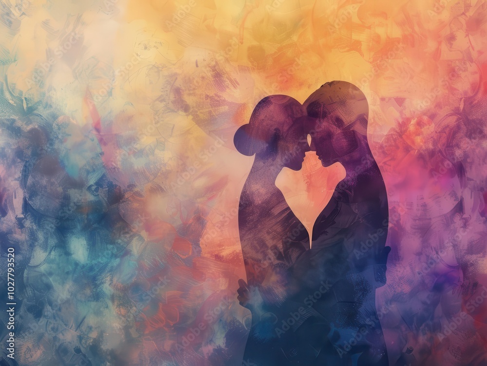 two silhouettes embracing in soft focus, surrounded by soothing colors representing emotional healing and support