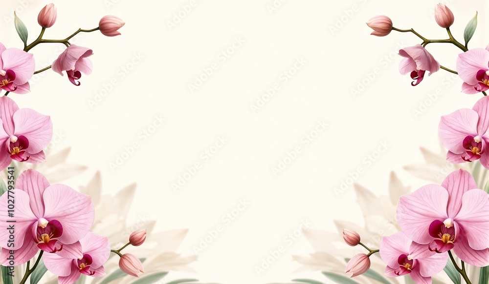 Pink Orchids Elegant Framing With Copy Space Against White Background Pink Orchids Elegant Framing With Copy Space Against White Background