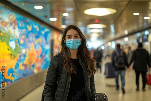 Young woman is walking through a busy airport terminal wearing a protective face mask