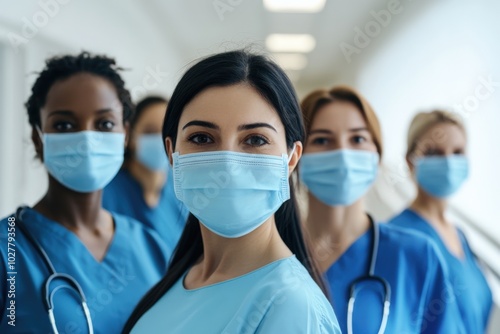 Group of doctors and nurses wearing surgical masks standing in hospital corridor during pandemic