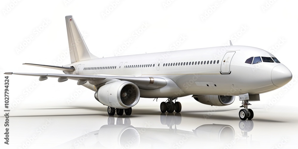 Fototapeta premium Blank heavy airplane isolated on white background tilted angle, airborne,blank, jet, aerial, aircraft, airship, heavy airplane, transportation, isolated, flying, airplane wing, travel