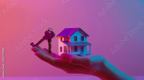 A photo on the left side shows an open hand holding keys, and sitting on top of it is a small house model, Generative AI illustrations.
