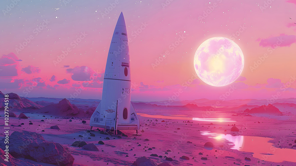 Naklejka premium A sleek rocket stands on a barren alien landscape, illuminated by a vibrant pink sunset and a glowing full moon, evoking futuristic exploration