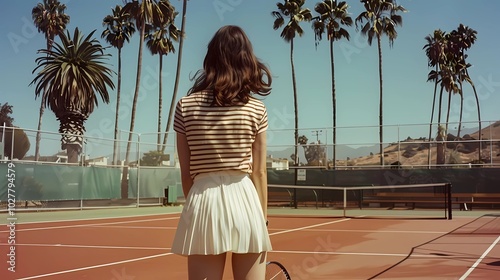 A photograph shows a young women standing without moving in front of the tennis court, Generative AI illustrations.
