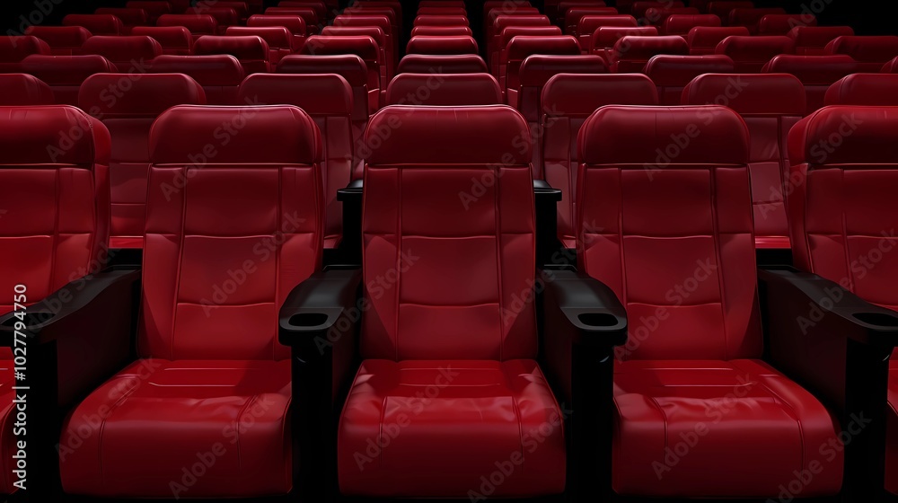 Obraz premium A picture of a lot of elegant red cinema seats with black armrests, Generative AI illustrations.