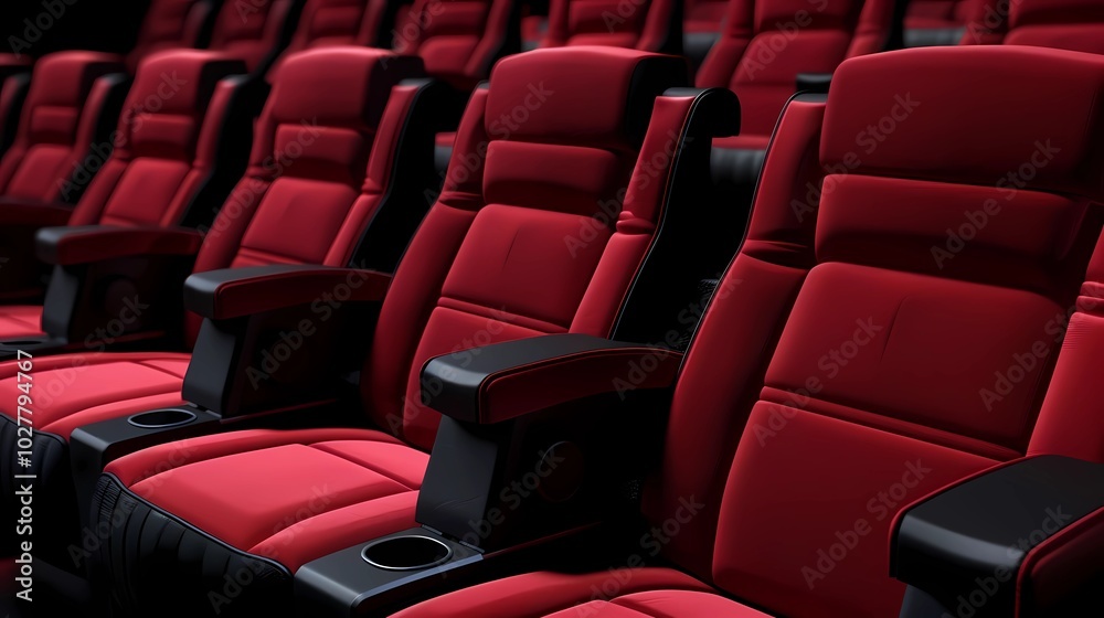 Obraz premium A picture of a lot of elegant red cinema seats with black armrests, Generative AI illustrations.
