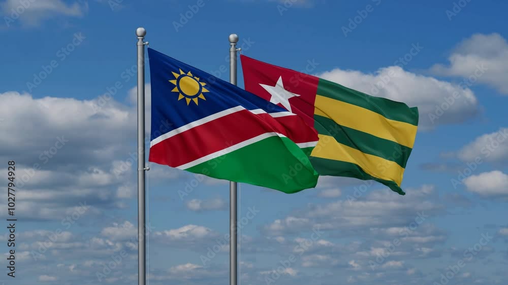 Togo, Togolese Republic and Namibia flags flying together, video concept of the relationship, two country cooperation concept Togo, Togolese Republic and Namibia flags flying together, video concept of the relationship, two country cooperation concept