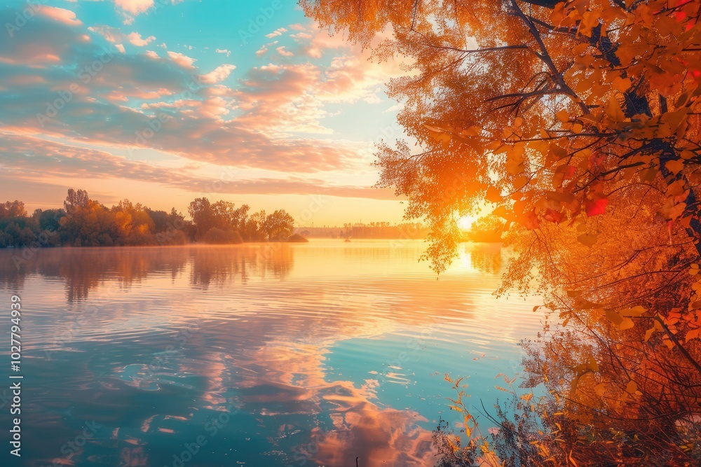 A breathtaking autumn sunset casts vibrant colors across the lake while leaves shimmer in the warm light, creating a serene atmosphere. Generative AI A breathtaking autumn sunset casts vibrant colors across the lake while leaves shimmer in the warm light, creating a serene atmosphere. Generative AI