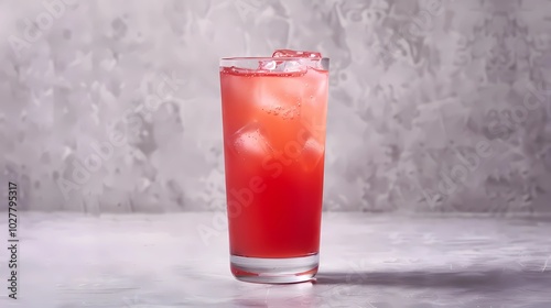 A red hazy opaque dense juicy cloudy pulpy, fresh watermelon juice based cocktail in a plain clear tall tom collins glass, Generative AI illustrations.