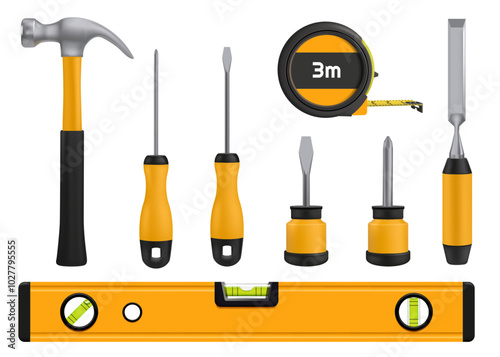 Repair tools. Carpentry instrument. 3D hammer and ruler. Building wrench. Steel screwdriver and saw. Toolbox for metal spanner and drill. Construction equipment. Vector workshop set