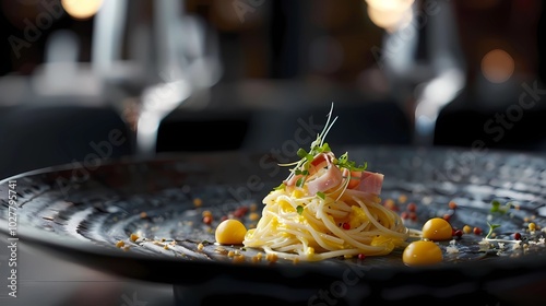 A single noodle on a plate, with a little bit of scrambled egg and tiny pieces of ham, Generative AI illustrations.