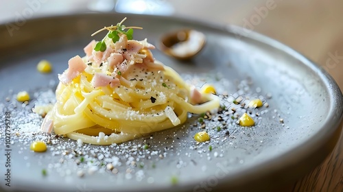 A single noodle on a plate, with a little bit of scrambled egg and tiny pieces of ham, Generative AI illustrations.