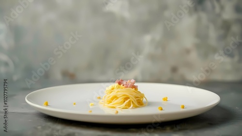 A single noodle on a plate, with a little bit of scrambled egg and tiny pieces of ham, Generative AI illustrations.