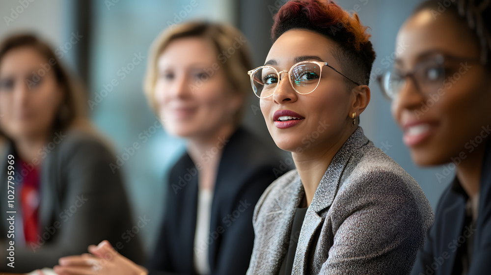 An LGBTQ employee leading a panel discussion on workplace equality at a corporate event sitting alongside other leaders and discussing strategies for fostering inclusion. An LGBTQ employee leading a panel discussion on workplace equality at a corporate event sitting alongside other leaders and discussing strategies for fostering inclusion.
