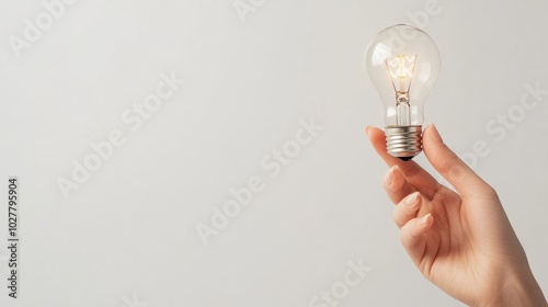 Close-up of a hand gently grasping a lightbulb, on a bright white background, clear area for showcasing ideas