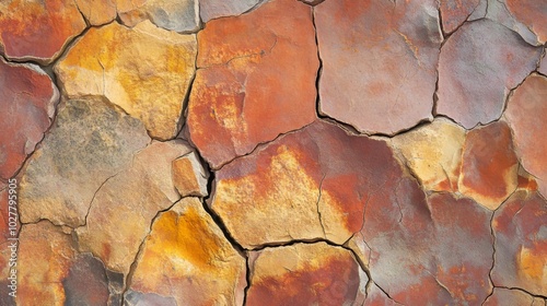 Cracked and Weathered Rock Surface with Orange, Red, and Yellow Hues photo