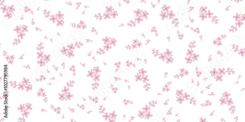 Seamless Floral Pattern with Pink Blossom Petals on White Background, Delicate Flower Petals Vector Design for Fabric, Wallpaper, and Stationery