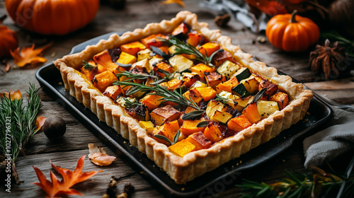 Autumn vegetable tart with a flaky crust served on a rustic wooden table surrounded by seasonal decor photo