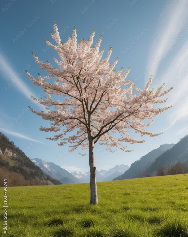 Obraz premium Serene Alpine Landscape with Cherry Blossom Tree.