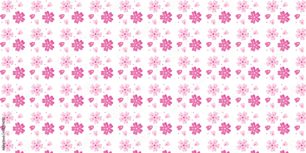 Seamless Floral Pattern with Pink Blossom Petals on White Background, Delicate Flower Petals Vector Design for Fabric, Wallpaper, and Stationery Seamless Floral Pattern with Pink Blossom Petals on White Background, Delicate Flower Petals Vector Design for Fabric, Wallpaper, and Stationery
