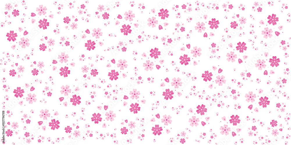 Seamless Floral Pattern with Pink Blossom Petals on White Background, Delicate Flower Petals Vector Design for Fabric, Wallpaper, and Stationery Seamless Floral Pattern with Pink Blossom Petals on White Background, Delicate Flower Petals Vector Design for Fabric, Wallpaper, and Stationery