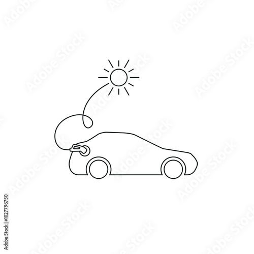 Icon of an electric car that is charged by solar energy. Drawing with thin lines. The car is connected to the sun