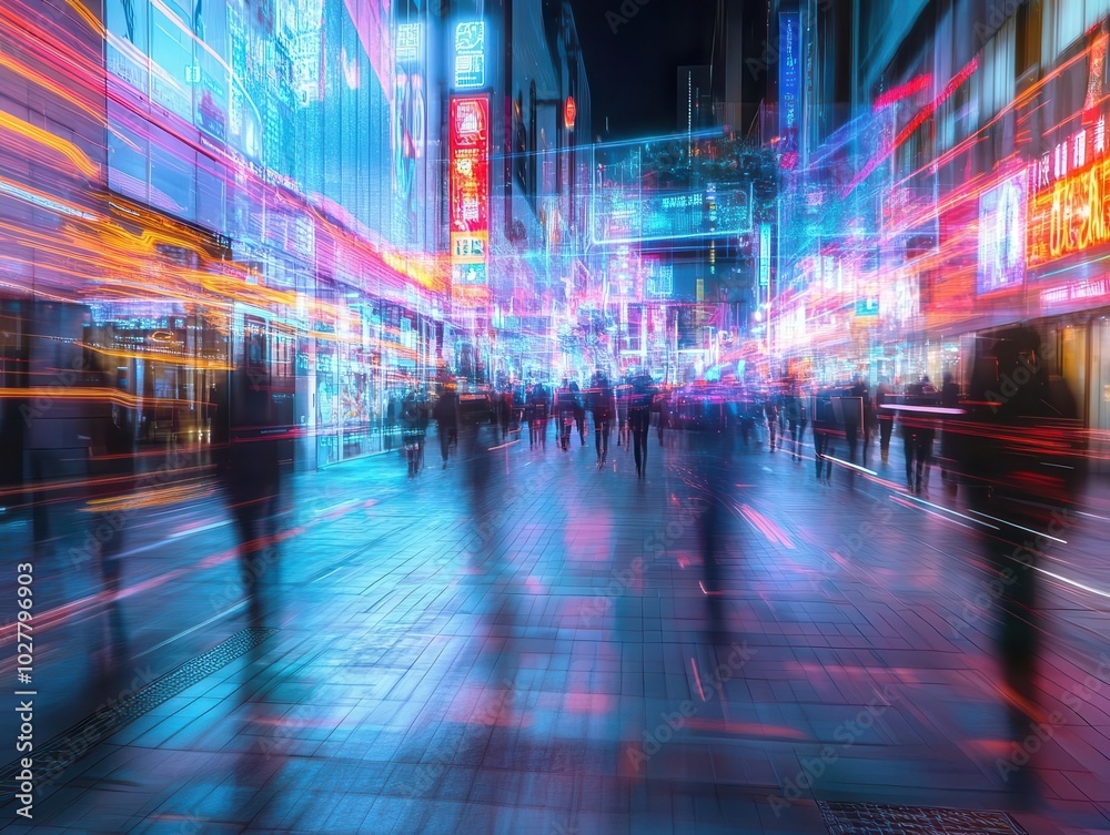 time-lapse light trails of augmented humans, data auras, virtual overlays, bustling future street, holographic advertising, energy flow time-lapse light trails of augmented humans, data auras, virtual overlays, bustling future street, holographic advertising, energy flow