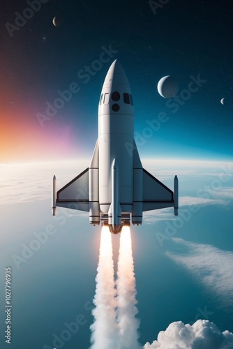 Futuristic spaceship taking off into space representing innovation and technology for research missions with a dynamic and colorful backdrop.