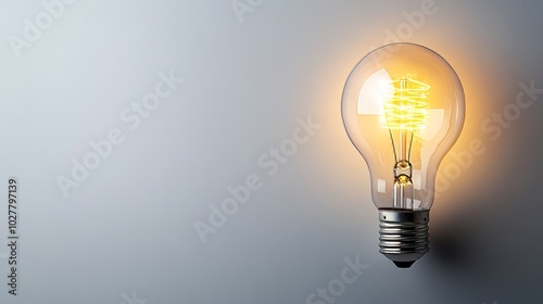 Glowing lightbulb on light gray background, space for copy