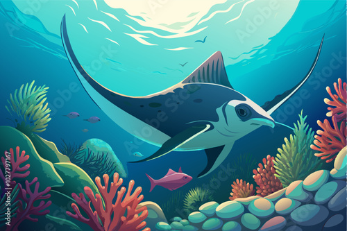 A photorealistic image of a majestic manta ray gliding past a coral reef bathed in the soft light of a submersible