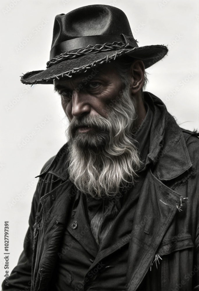 Fototapeta premium dramatic portrait of old bearded detective in a hat on a white background cinematic light