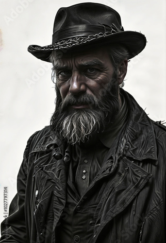 dramatic portrait of old bearded detective in a hat on a white background cinematic light