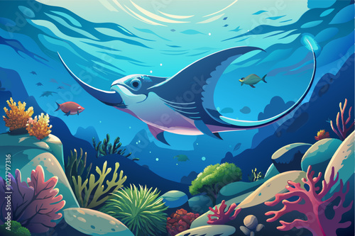 A photorealistic image of a majestic manta ray gliding past a coral reef bathed in the soft light of a submersible