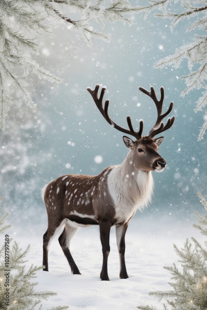 Majestic Reindeer with Spotted Coat Standing in Sparkling Winter Wonderland. Majestic Reindeer with Spotted Coat Standing in Sparkling Winter Wonderland.