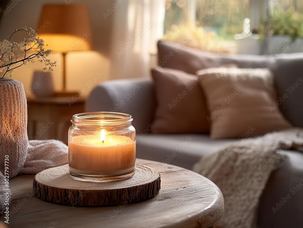 a cozy living room scene featuring a round glass jar with a flickering candle on a rustic wooden coffee table, complemented by a soft grey sofa and a warm lamp, exuding minimalist charm a cozy living room scene featuring a round glass jar with a flickering candle on a rustic wooden coffee table, complemented by a soft grey sofa and a warm lamp, exuding minimalist charm