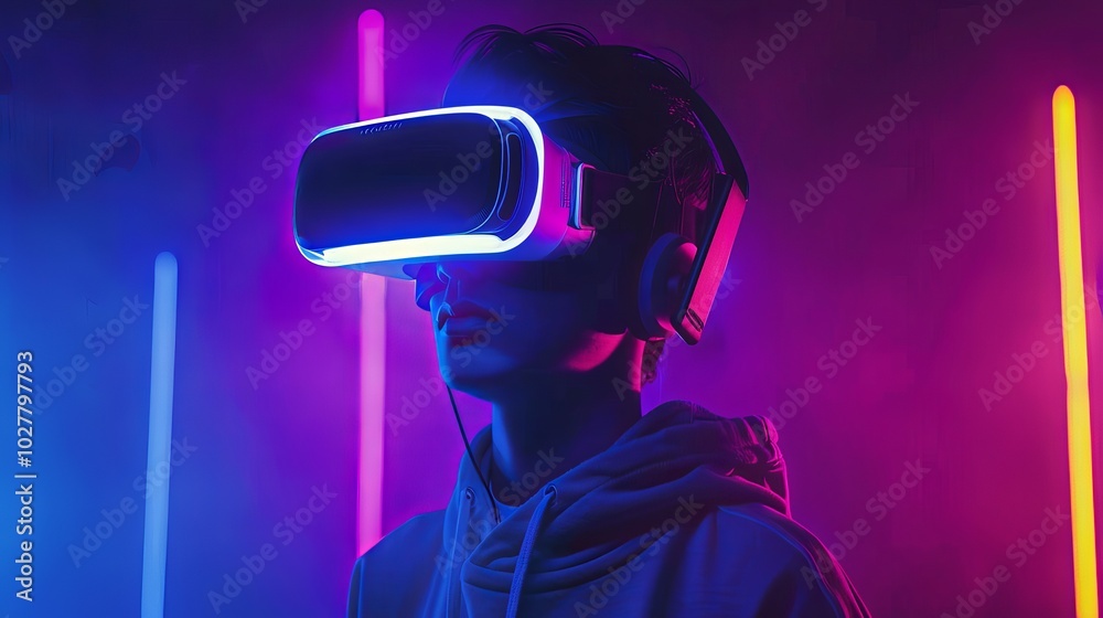 Young man wearing virtual reality goggles. Future technology concept. Young man wearing virtual reality goggles. Future technology concept.