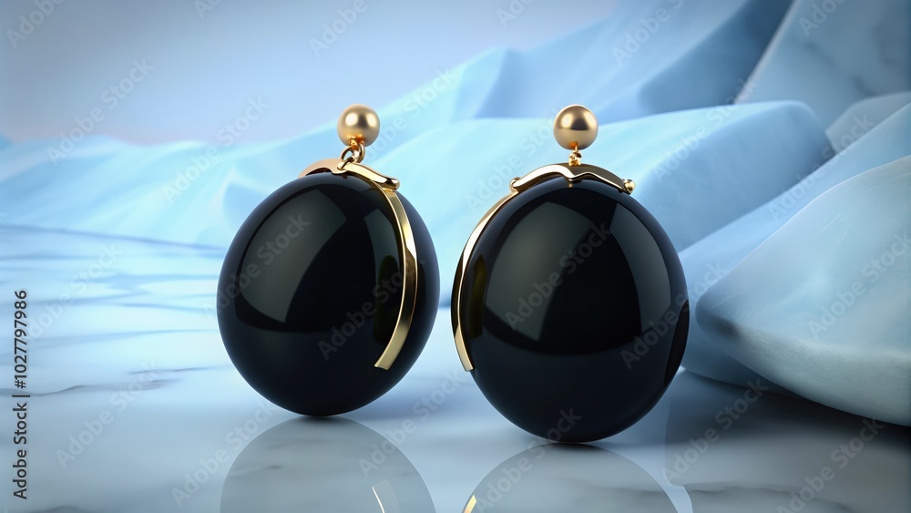 Pair of Black and Gold Sphere Earrings on a Blue and White Background Pair of Black and Gold Sphere Earrings on a Blue and White Background