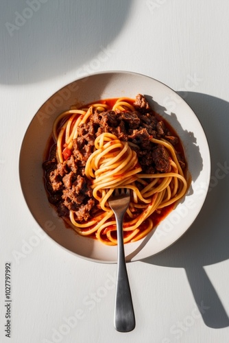 Traditional Noodle Dish with Minced Meat in Tomato Sauce.