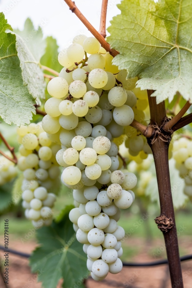 Powdery Mildew Disease Impacting White Grapes in Vineyard. Powdery Mildew Disease Impacting White Grapes in Vineyard.
