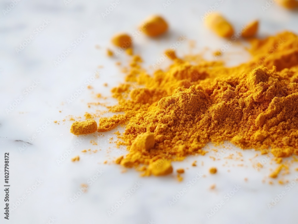 a fine dusting of golden turmeric powder spread out on a pristine white surface, showcasing its rich texture and vibrant color, highlighting the spice's natural beauty and culinary versatility a fine dusting of golden turmeric powder spread out on a pristine white surface, showcasing its rich texture and vibrant color, highlighting the spice's natural beauty and culinary versatility