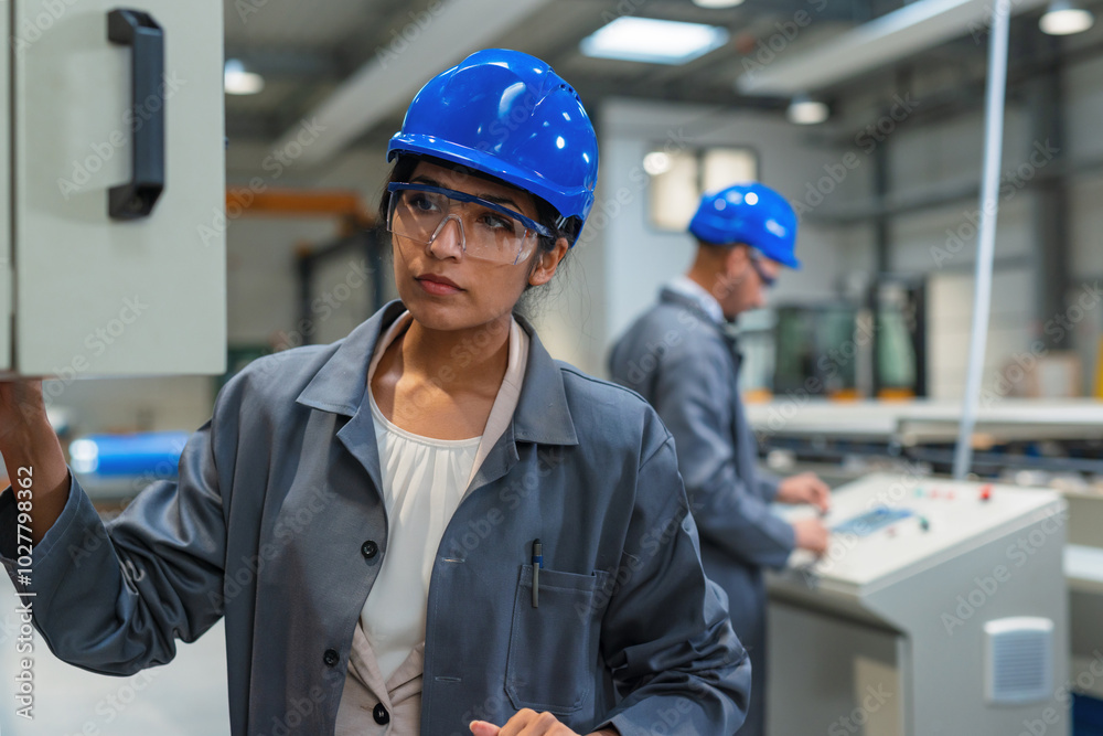 Two engineers, an Indian woman, and African American man, supervising the work of automatic machines at an industrial plant. Two engineers, an Indian woman, and African American man, supervising the work of automatic machines at an industrial plant.