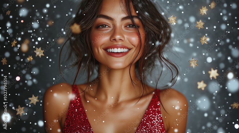 Smiling Latina Woman in Red Sparkling Dress Surrounded by Snowflakes and Golden Stars, Ideal for Christmas and New Year’s Holiday Campaigns Smiling Latina Woman in Red Sparkling Dress Surrounded by Snowflakes and Golden Stars, Ideal for Christmas and New Year’s Holiday Campaigns